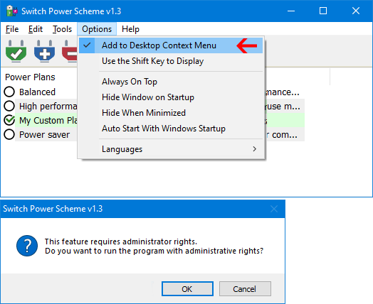 Desktop context menu shortcuts for Switch Power Scheme power plans