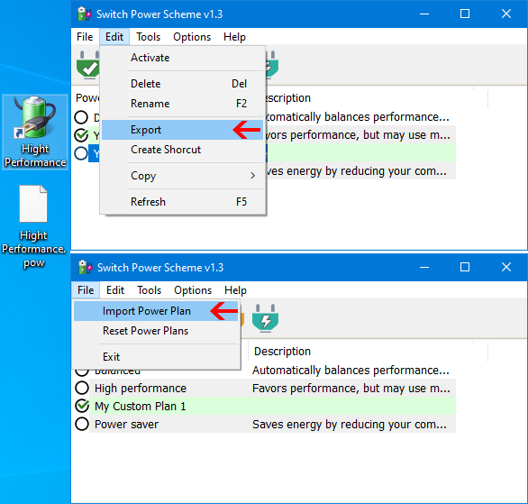 Wizard style capture of Switch Power Scheme export and import panes