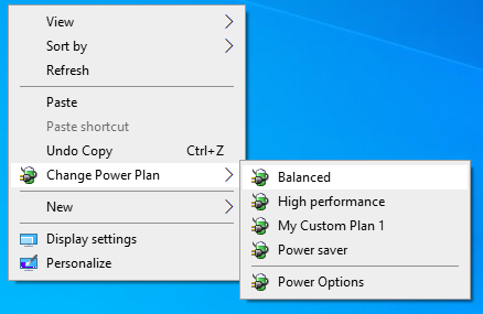 Desktop context column opened to Switch Power Scheme plan shortcuts