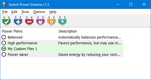 Switch Power Scheme console listing active Windows power profiles