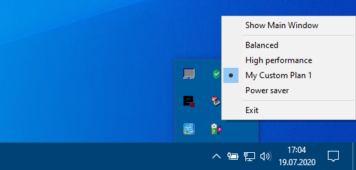 Notification area menu showing Switch Power Scheme power profile picks